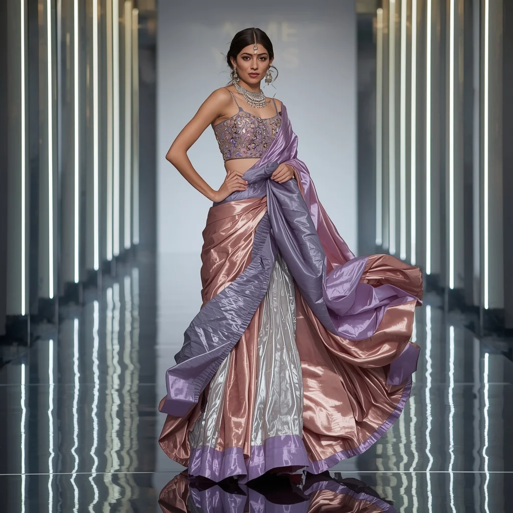 Metallic Tulip Ribbon Saree with Infinity Reflection Gallery | Prompt AI For Girl