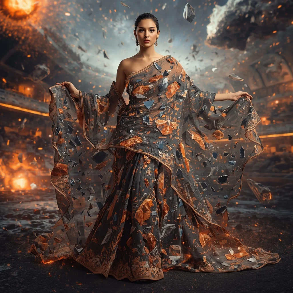 Meteor Shard Explosion Saree with Cosmic Debris Arena | Best AI Art