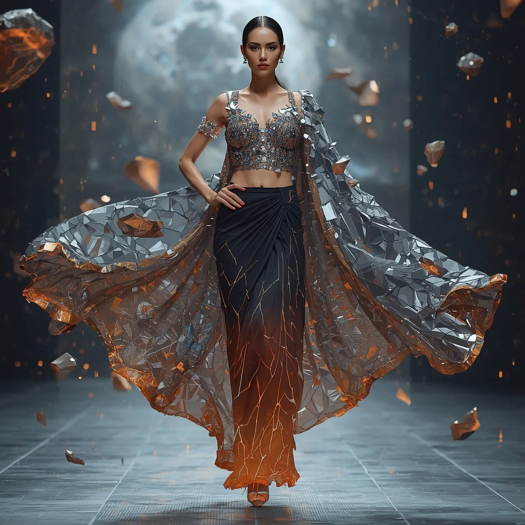 Meteor Shard Saree with Falling Space Crystal Drapes | Prompt Seen Girl Photo Editing Trending