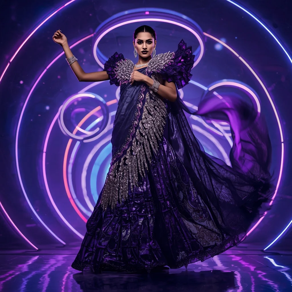 Midnight Aurora Crystal Saree with Floating Neon Rings | Saree Prompt