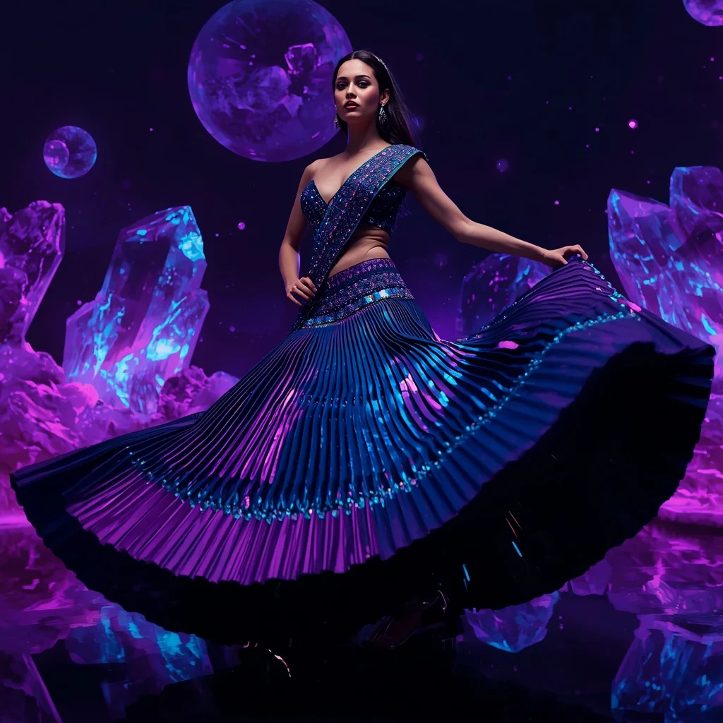 Midnight Aurora Eclipse Saree with Floating Crystal Orbit Universes | Lighting Ai Prompt
