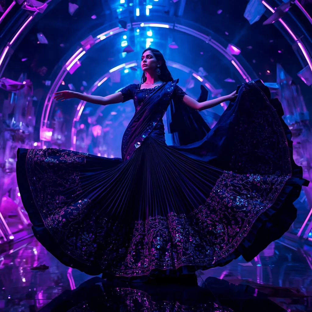 Midnight Aurora Infinity Saree with Floating Crystal Orbit Corridors | Motivation Ai Prompt