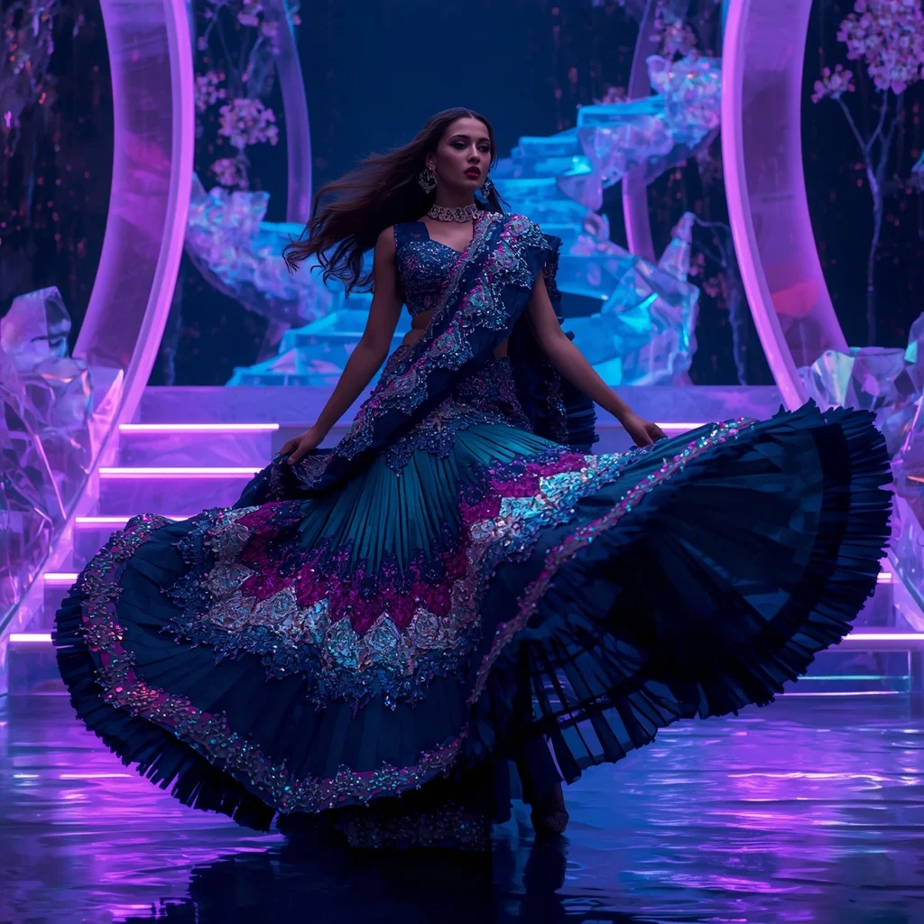 Midnight Aurora Infinity Saree with Floating Crystal Orbit Stairways | Instagram Highlight Cover Ai Prompt