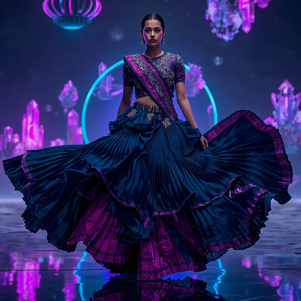 Midnight Aurora Quantum Saree with Floating Crystal Orbit Bridges | Tiktok Viral Girl Prompt