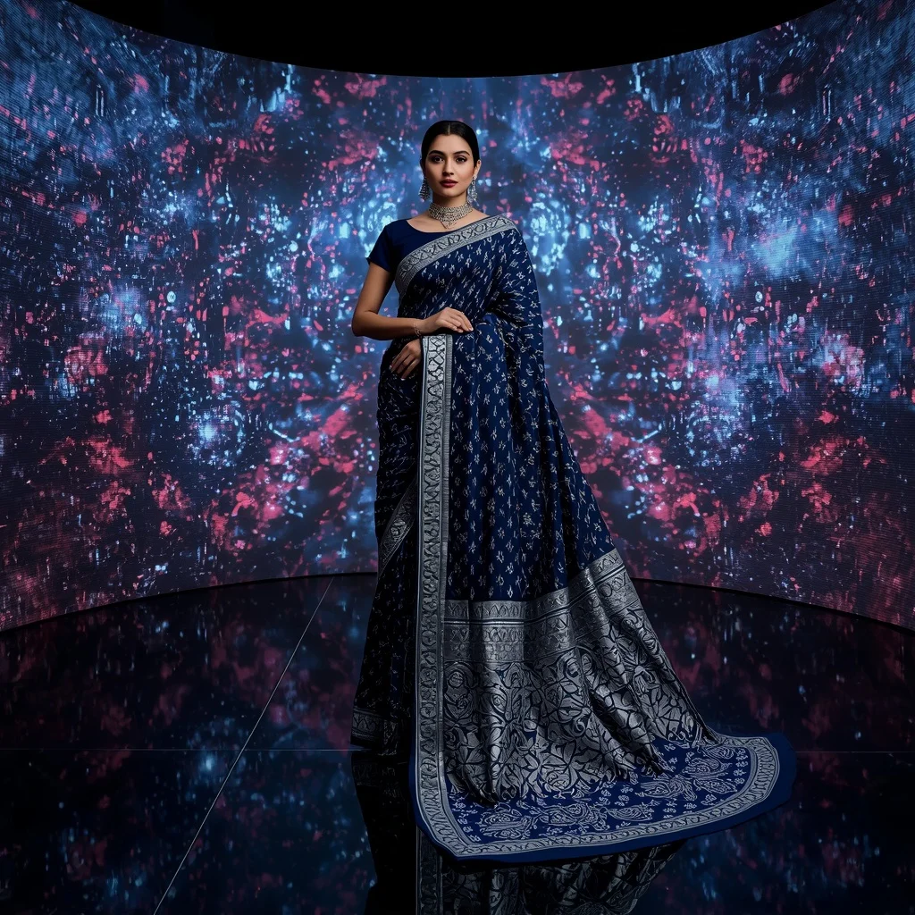 Midnight Blue Heavy Zardosi Starry Night Pattern Festive Saree | Banana Prompts Girls