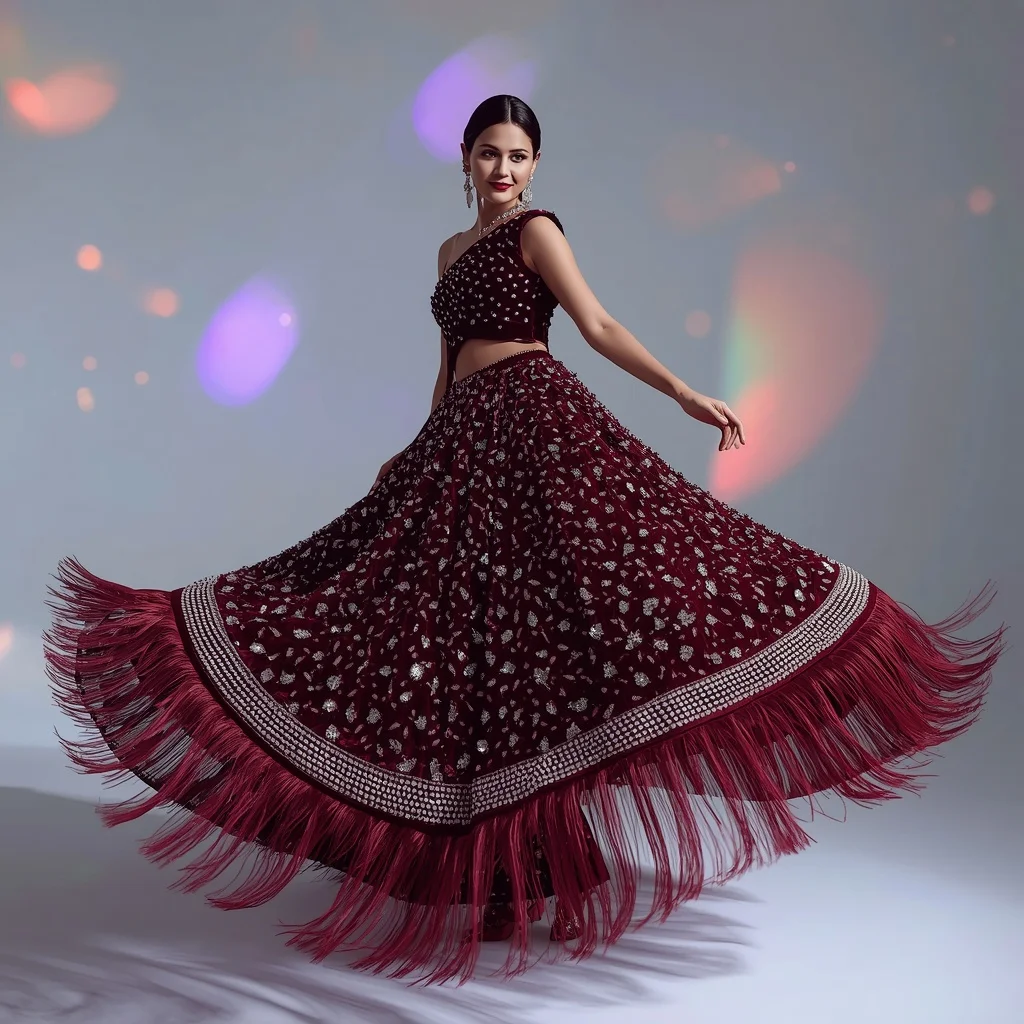 Midnight Burgundy Velvet Saree with Massive Crystal Fringe Overload | Sora Ai Prompt