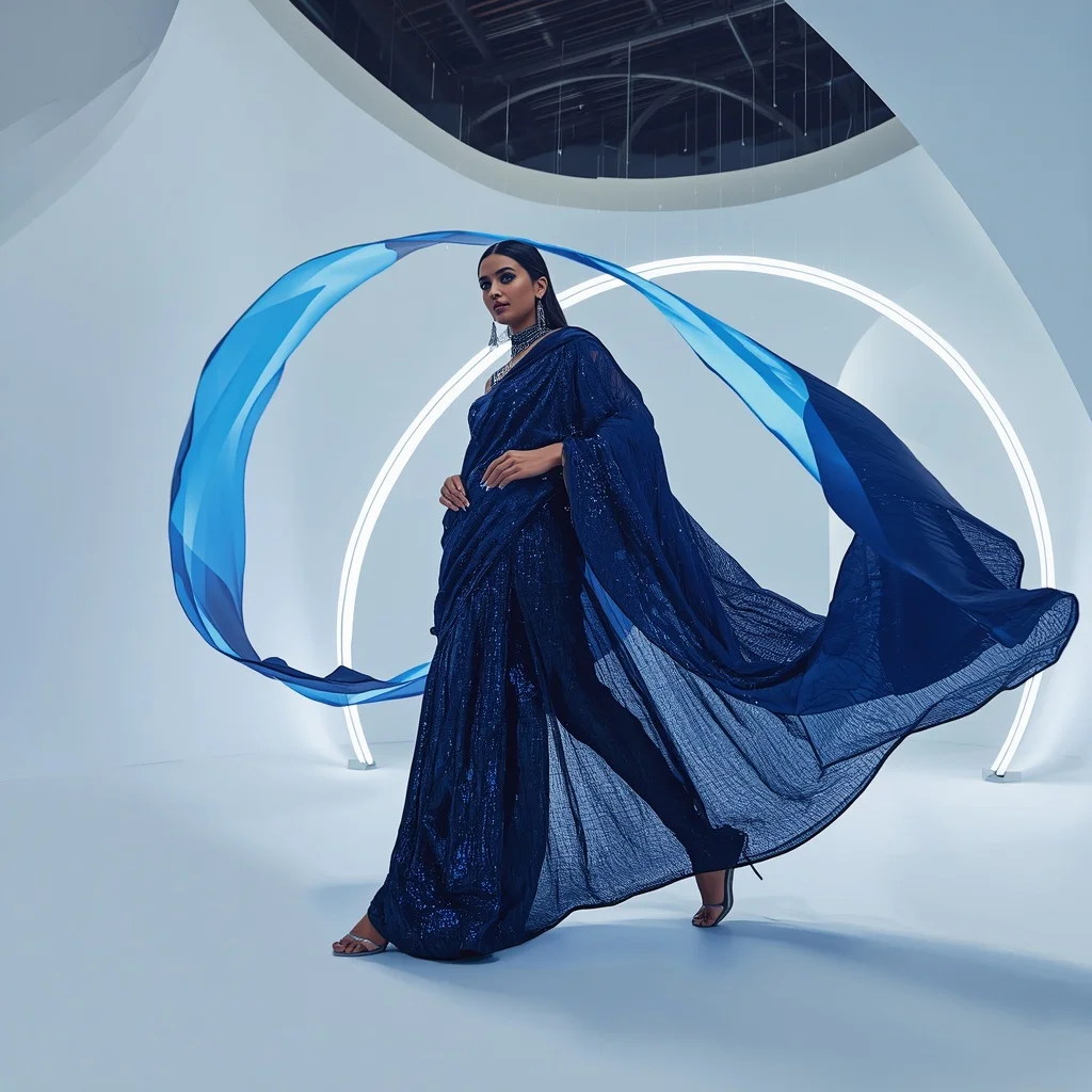 Midnight Cobalt and Chrome-Frame Saree with Floating Arc Lights | Trending Prompt Girls Traditional