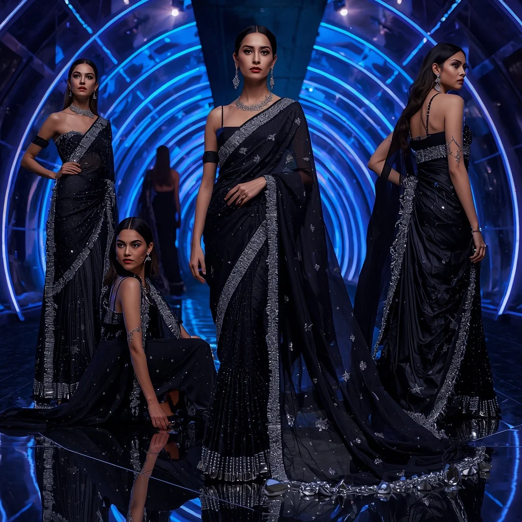 Midnight Crystal Nova Saree with Infinity Neon Galaxy Citadel | Editing Prompt Girl