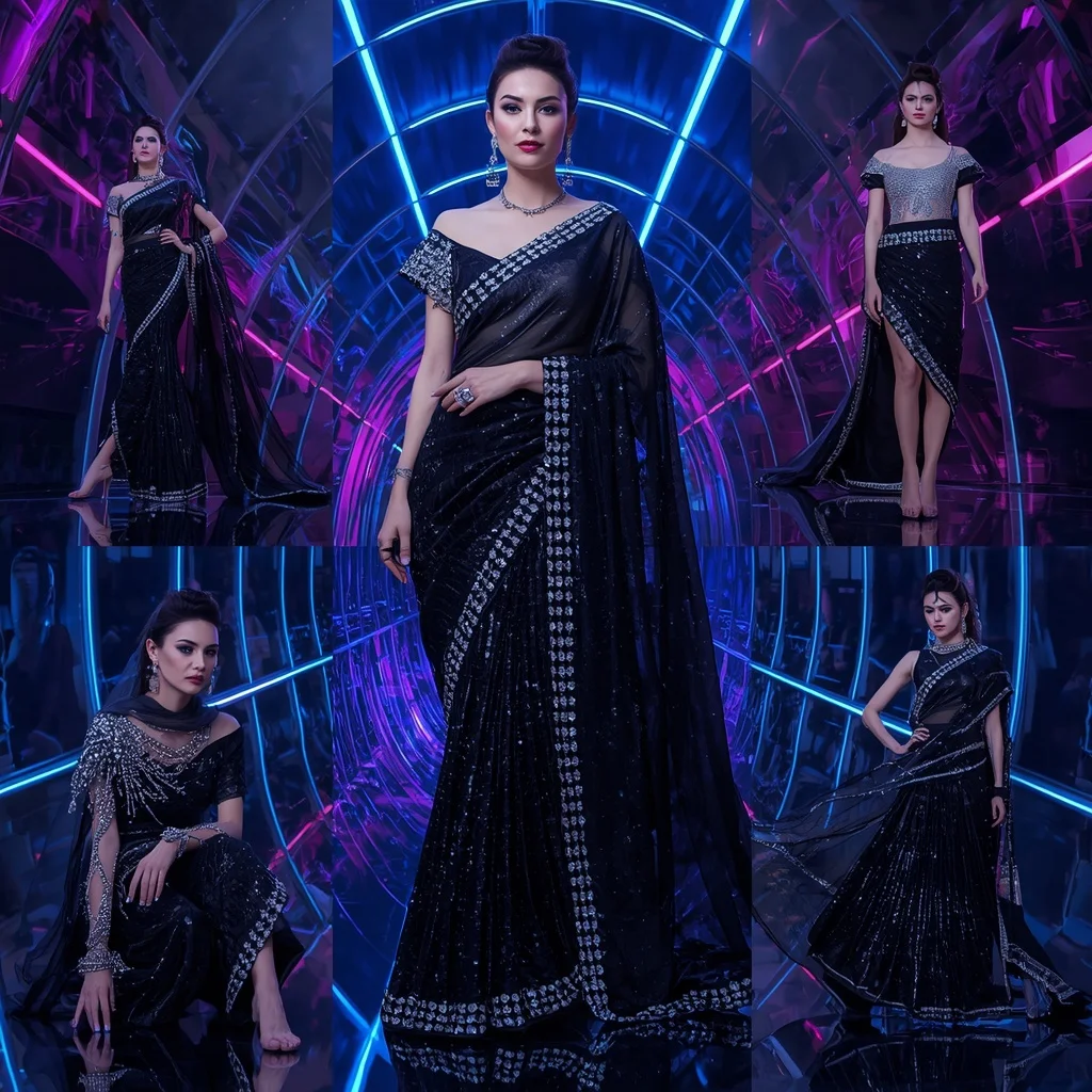 Midnight Crystal Nova Saree with Infinity Neon Mirror Fortress | Stable Diffusion Prompt