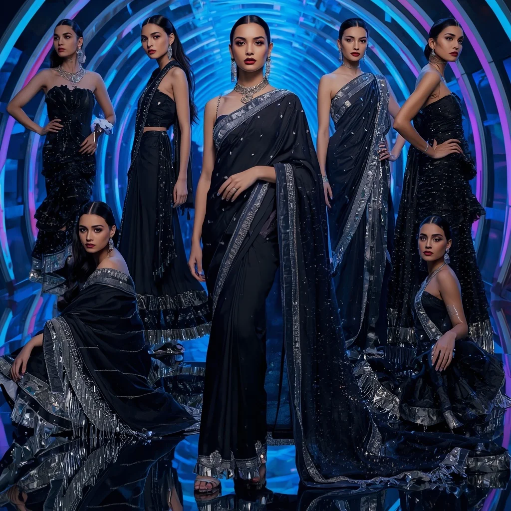 Midnight Crystal Nova Saree with Infinity Neon Orbit Citadel | Instagram Viral Photo Ai Prompt