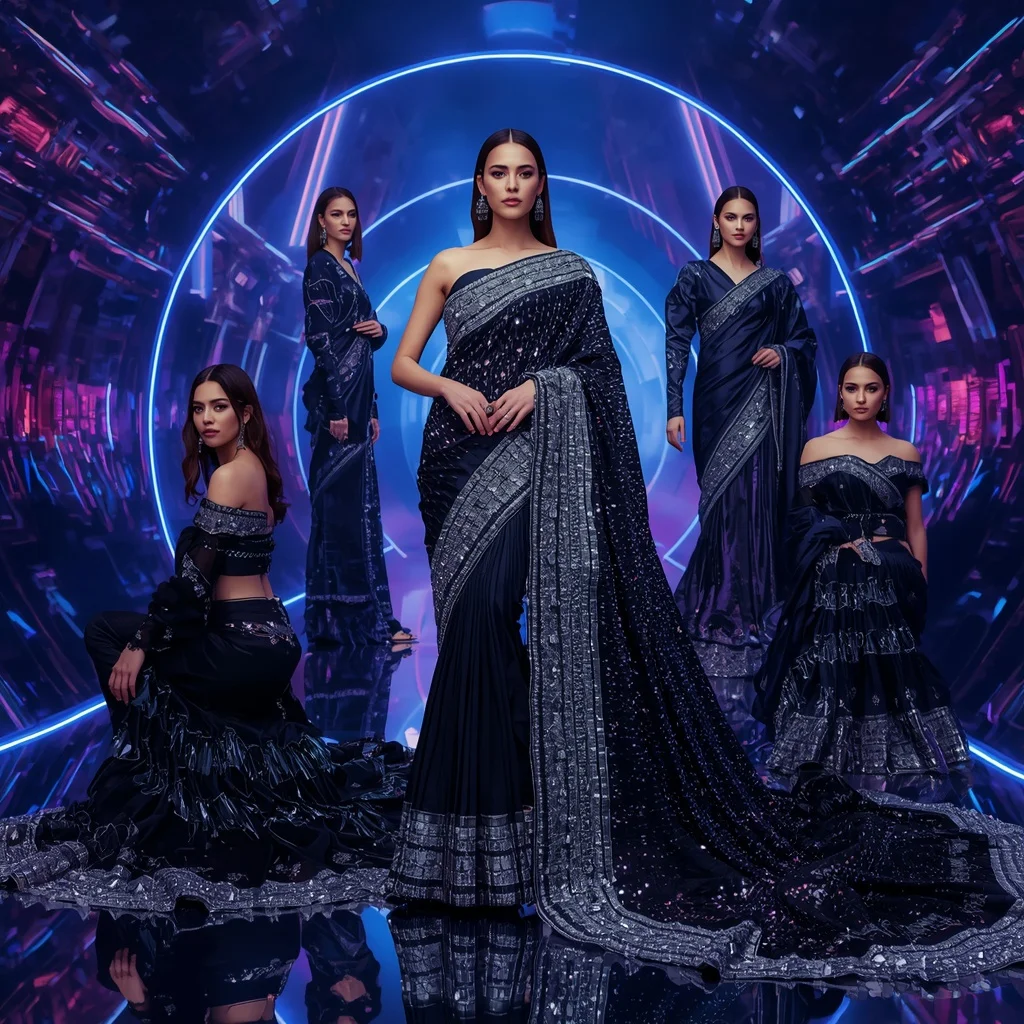Midnight Crystal Nova Saree with Infinity Neon Orbit Palace | Bridal Ai Prompt
