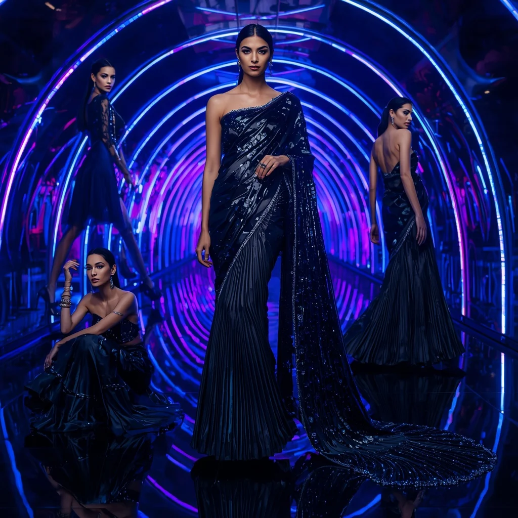 Midnight Crystal Nova Saree with Infinity Neon Tunnel | Ai Gemini Prompt