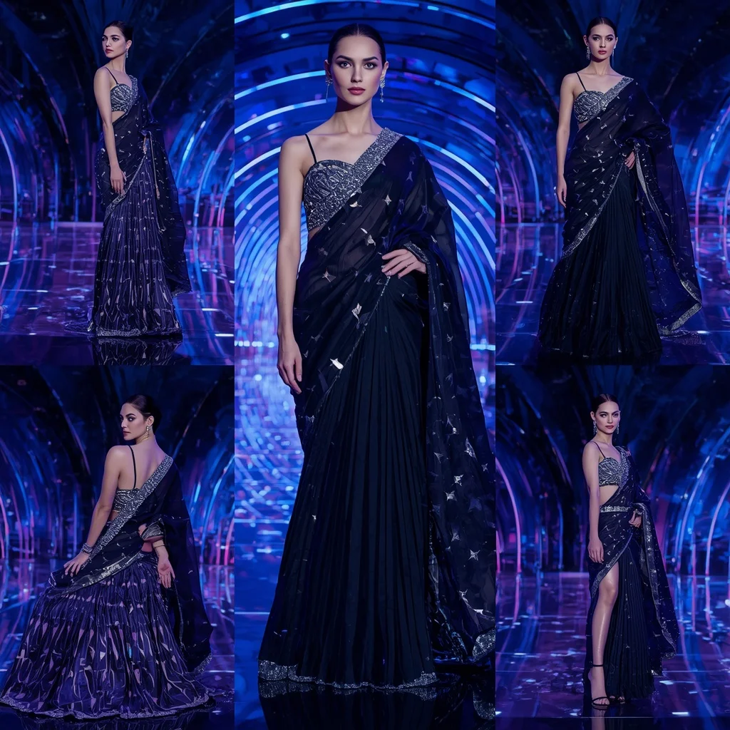 Midnight Crystal Nova Saree with Infinity Neon Tunnel | Gemini Ai Prompt For Instagram