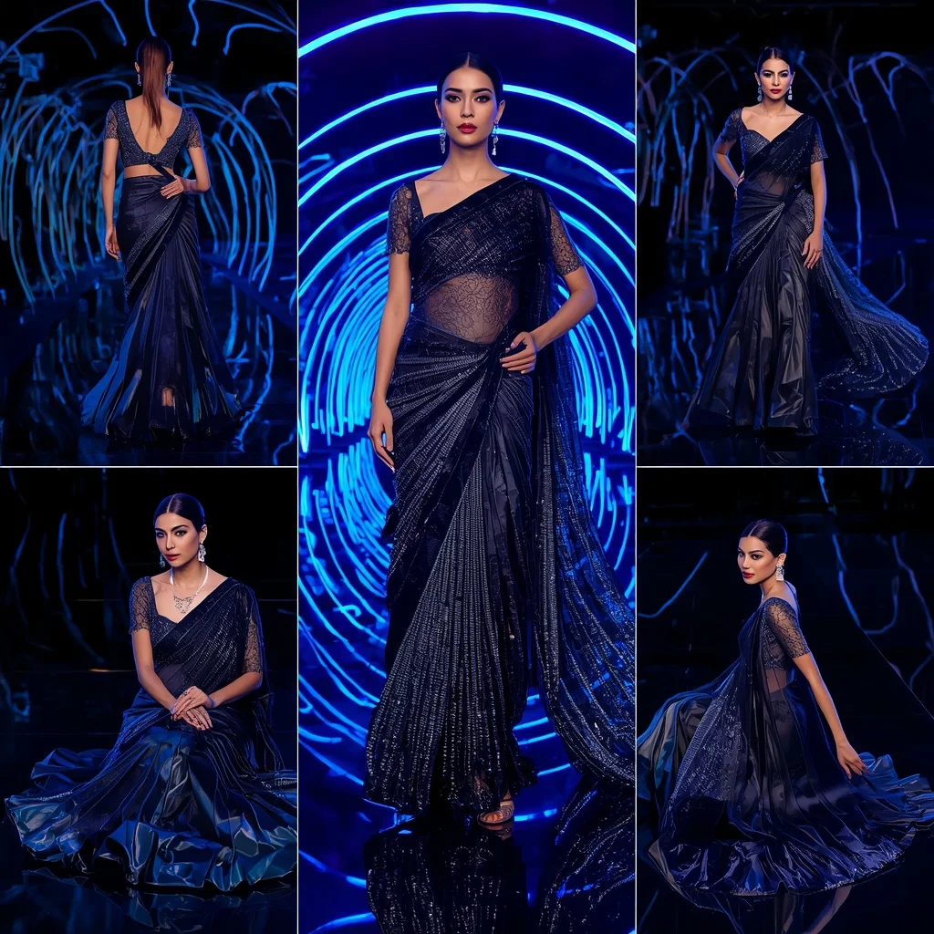 Midnight Crystal Thunder Saree with Infinity Neon Tunnel | Trending Ai Prompt