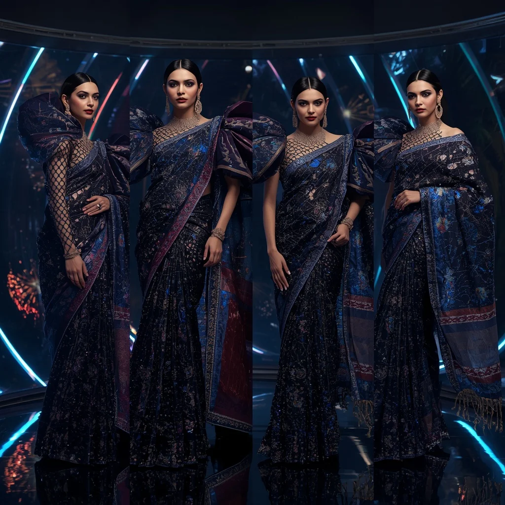 Midnight Galaxy Designer Saree with Curved LED Orbit | Ai Selfie Prompt