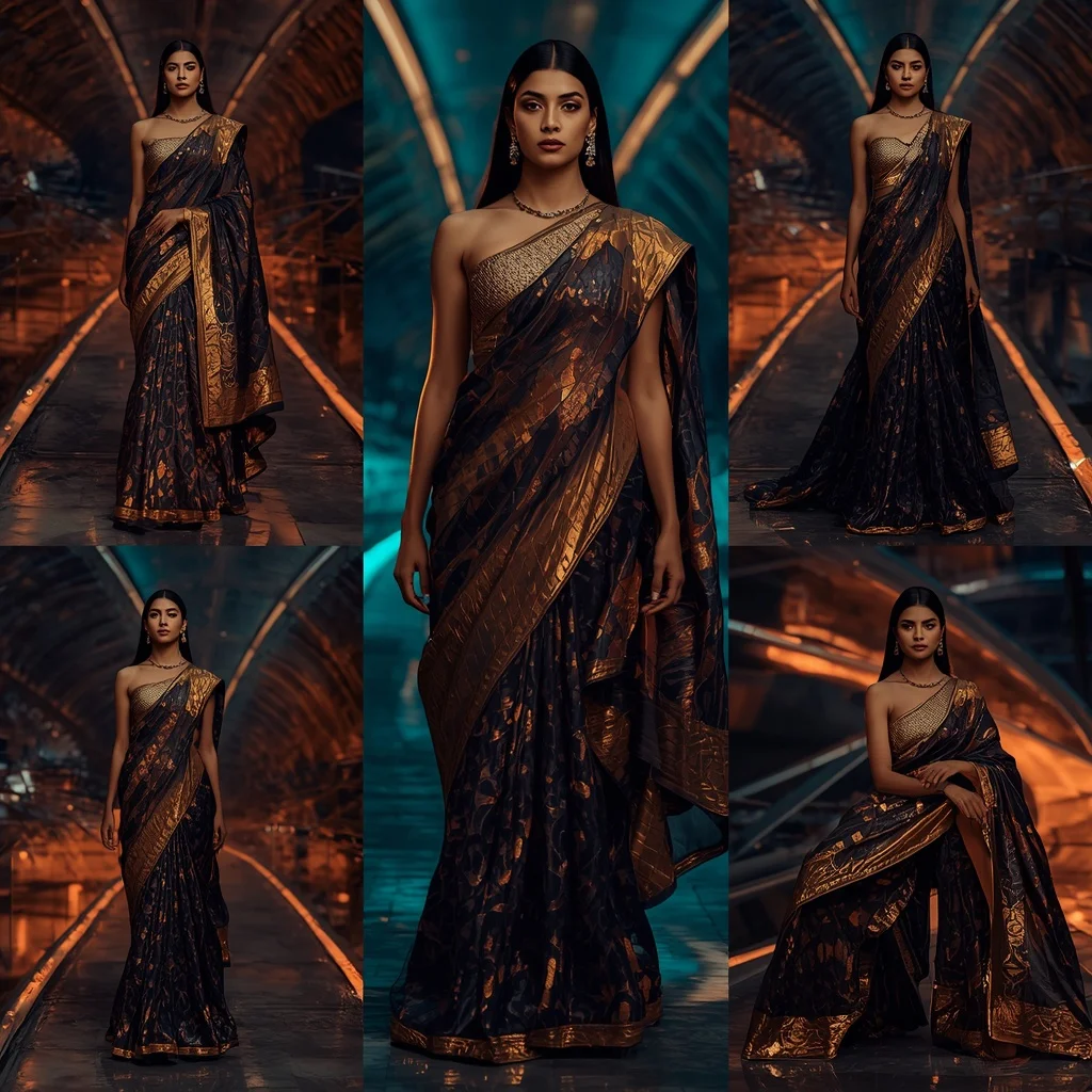 Midnight Lava Saree with Curved Neon Bridge | Aesthetic Ai Prompt