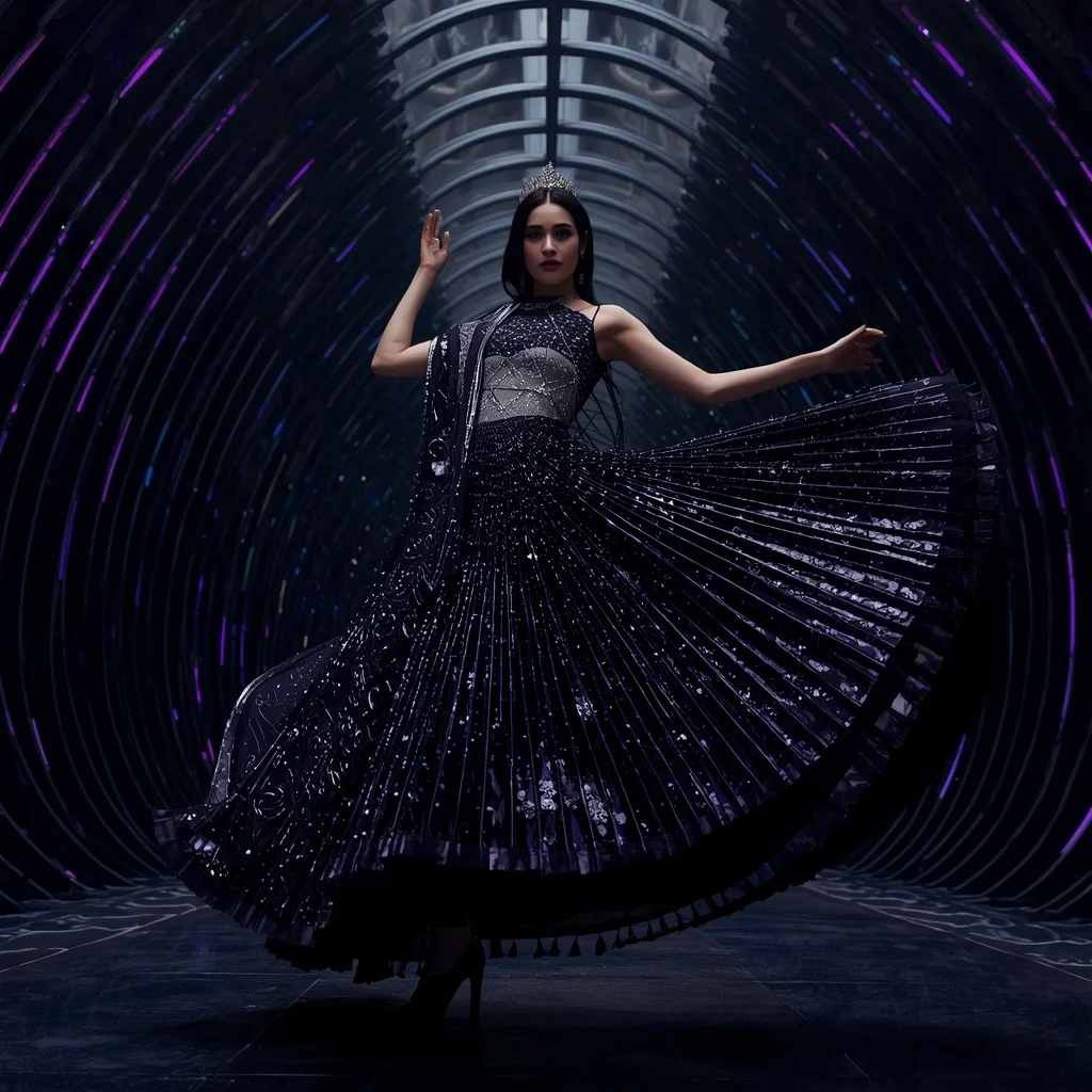 Midnight Nakshatra Eclipse Saree with Noir Celestial Crown Throne Zenith Fortress | Trending Ai Prompt