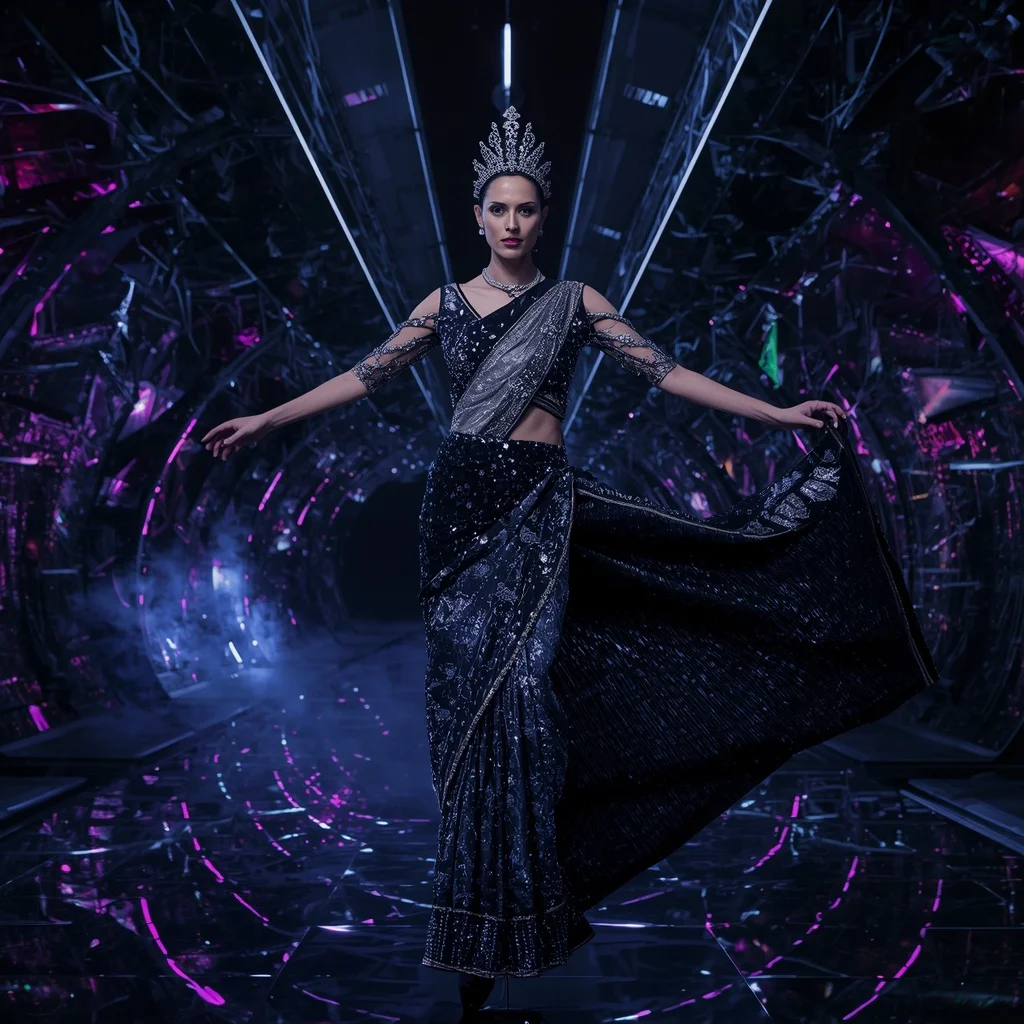 Midnight Nebula Crown Saree with Noir Crystal Infinity Megafortress | Face Ai Prompt