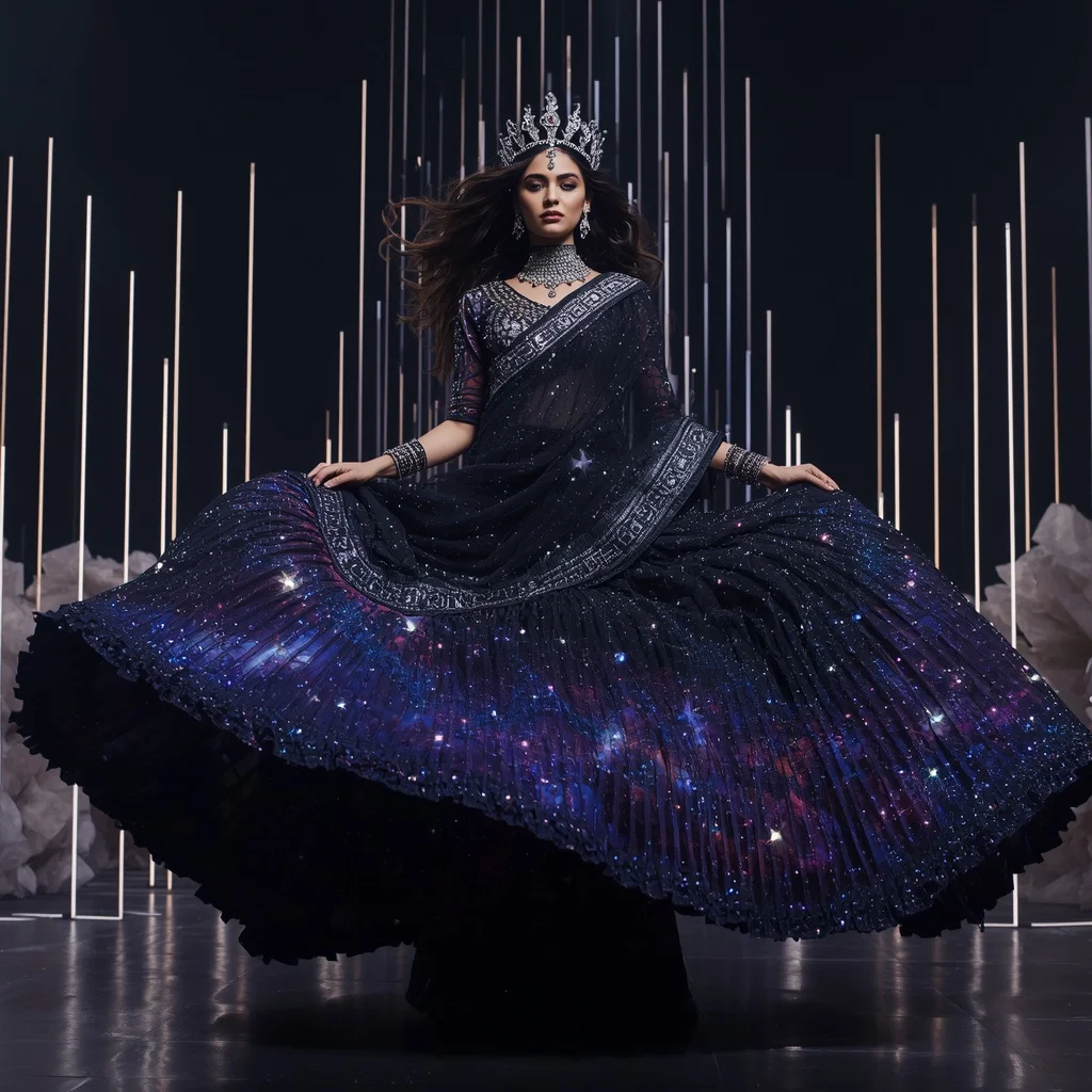 Midnight Nebula Maharani Saree with Cosmic Crystal Universes and Galaxy Crown Citadel | Ai Image Prompt