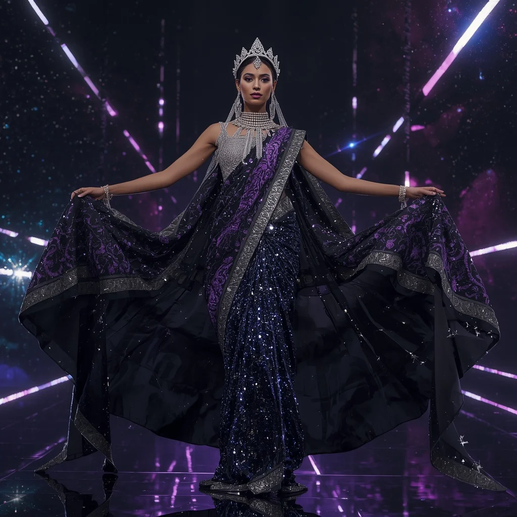Midnight Nebula Queen Saree with Cosmic Crystal Citadels and Galaxy Crown Universe | Desi Girl Ai Prompt