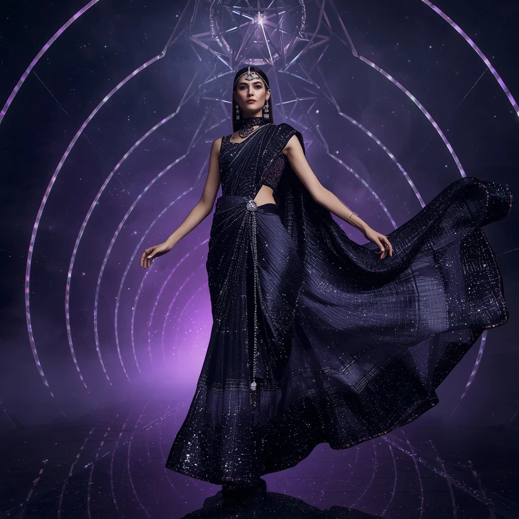Midnight Nebula Sovereign Saree with Noir Crystal Infinity Megafortress | Prompt For Traditional Look For Couple
