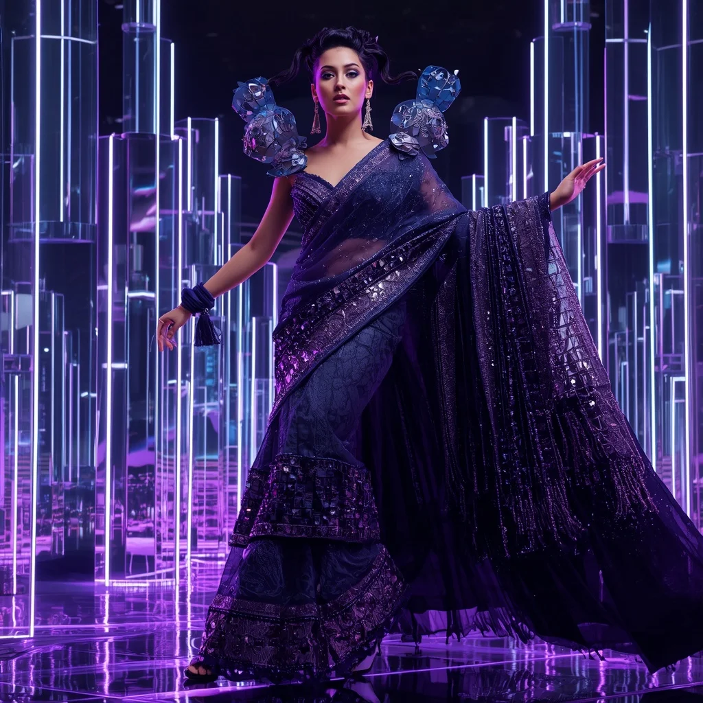 Midnight Nova Crystal Saree with Floating Halo Neon Fortress | Ai Selfie Prompt