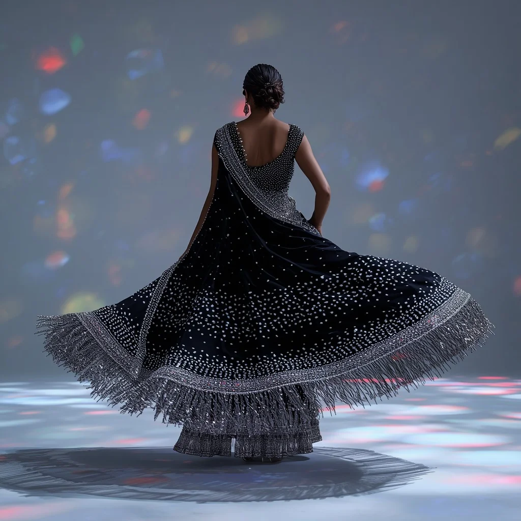 Midnight Onyx Velvet Saree with Massive Crystal Fringe Overload | ChatGPT Photo Editing Prompts For Girl