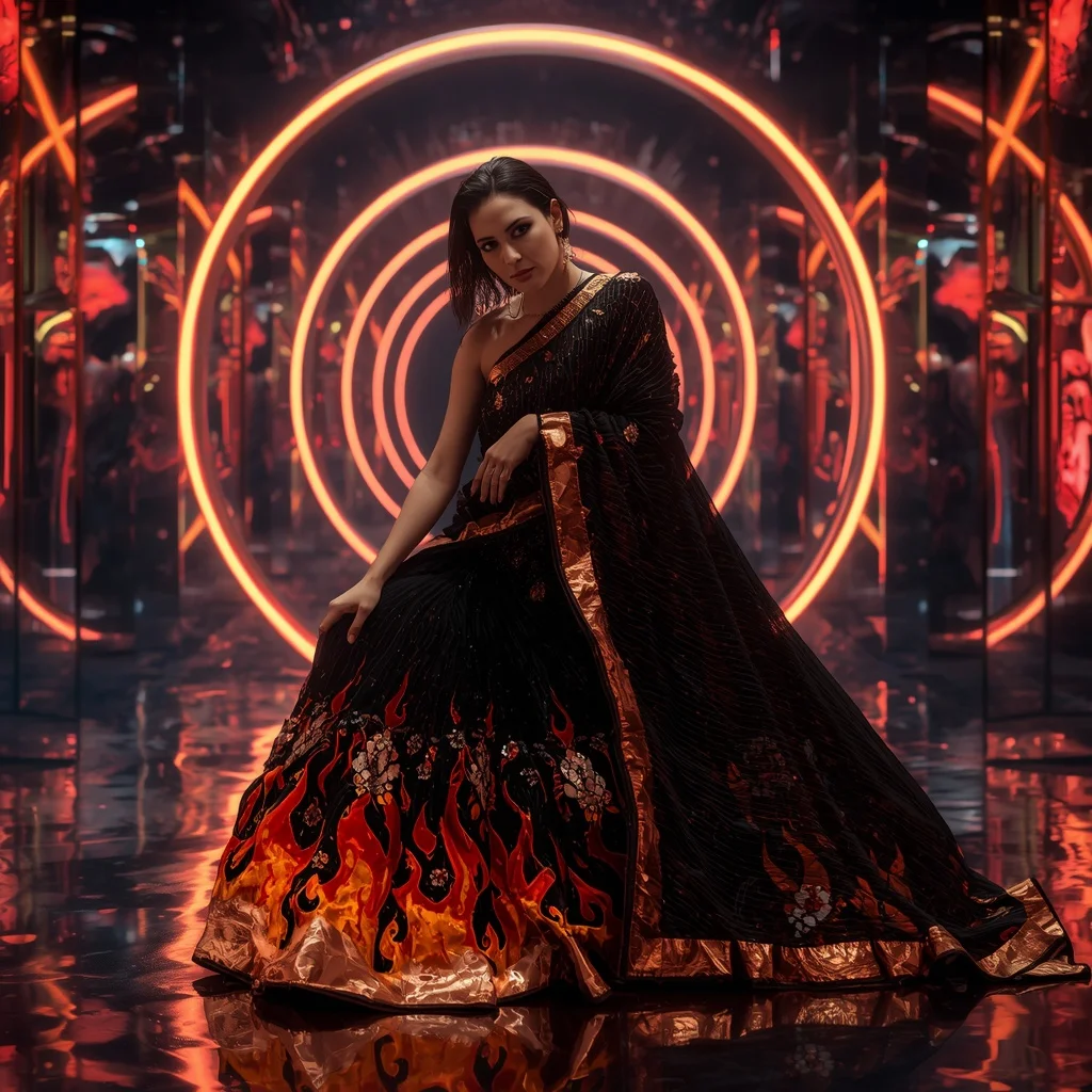 Midnight Phantom Flame Saree with RGB Orbit Arena | Ai Girl Image Prompt