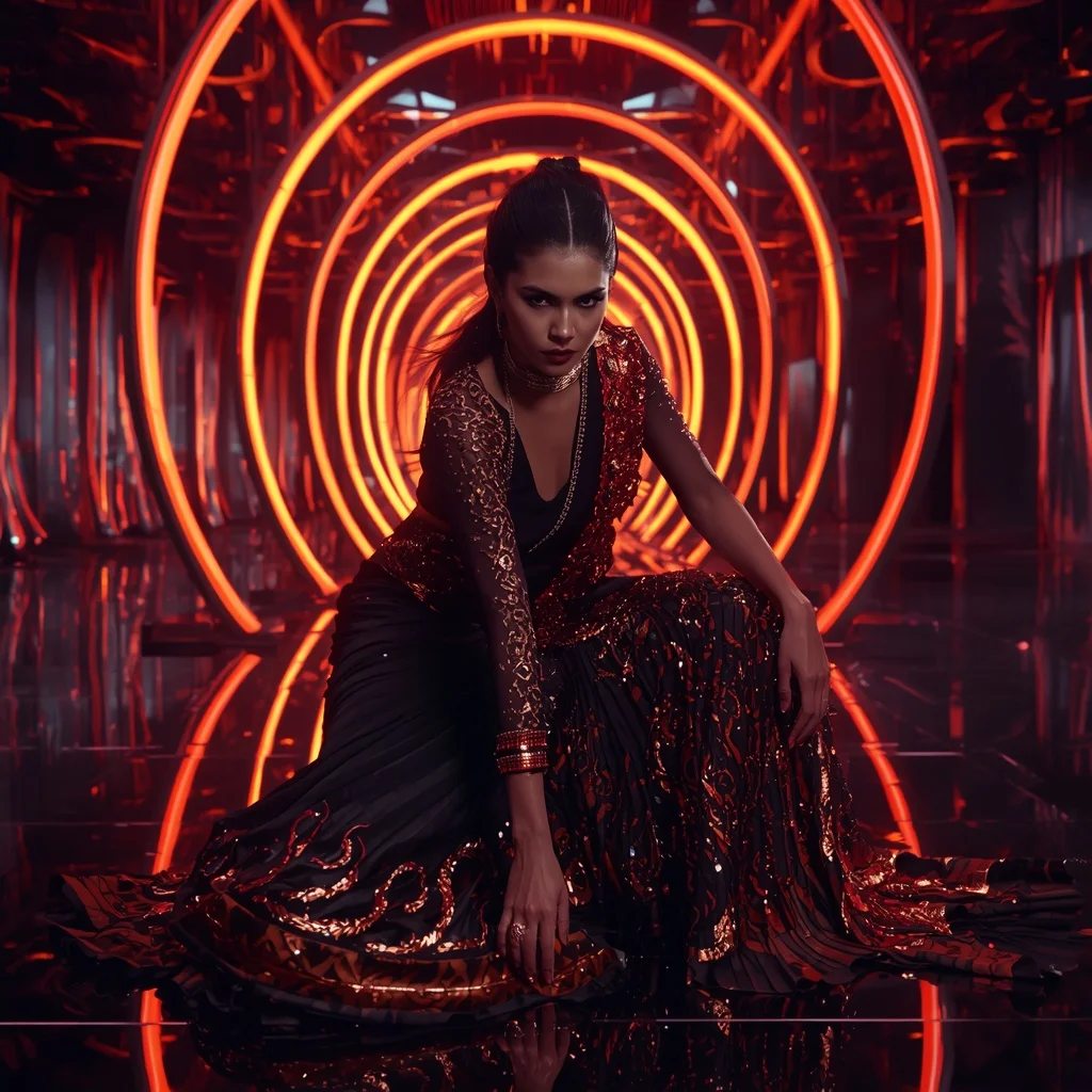 Midnight Phoenix Flame Saree with RGB Orbit Cathedral | Saree Instagram Ai Prompt