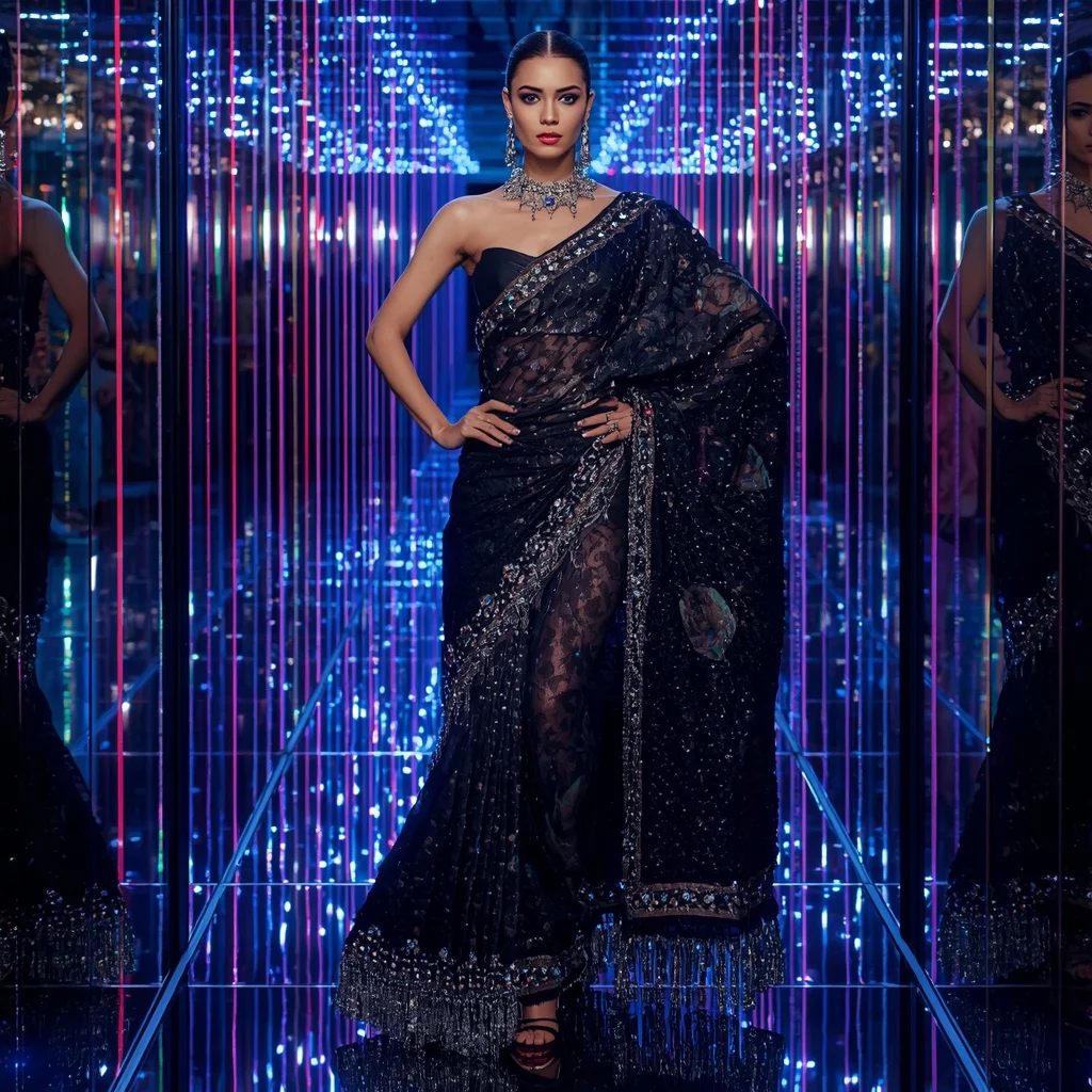 Midnight Prism Galaxy Saree with Infinity Crystal Reflection Corridor | Prompt Ai For Girl Aesthetic