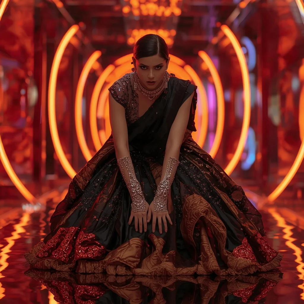 Midnight Thunder Crystal Saree with RGB Orbit Palace | Desi Girl Ai Prompt