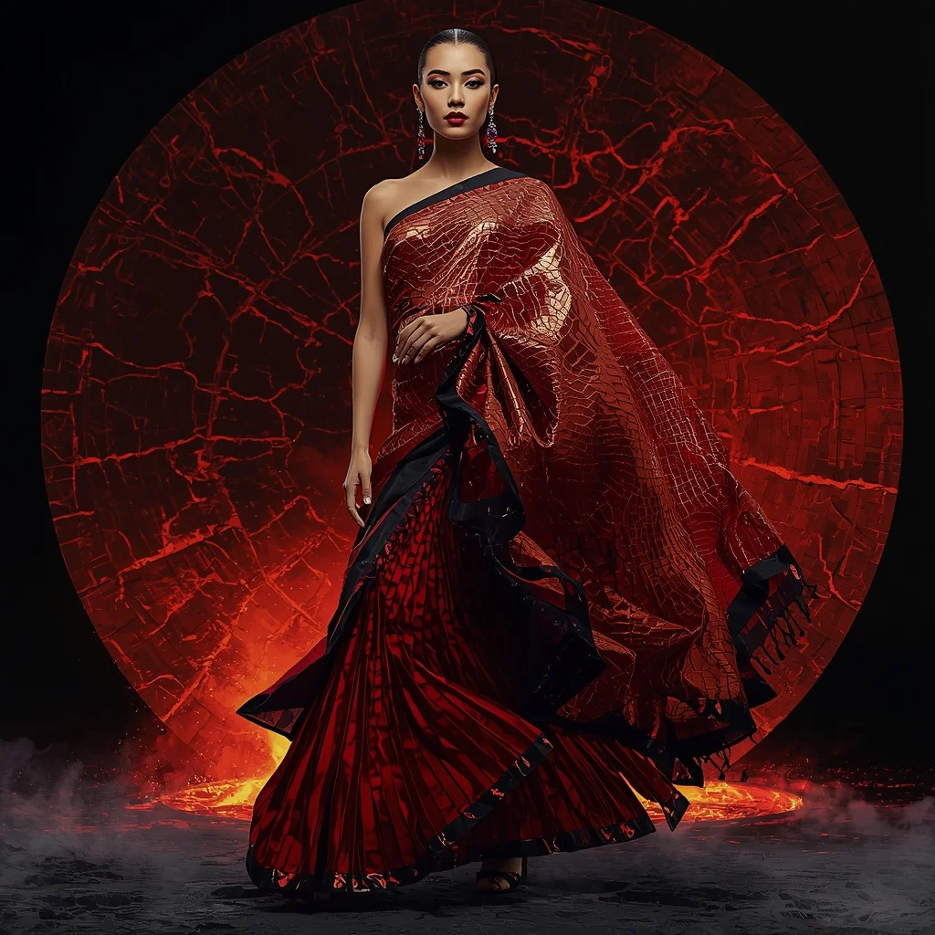 Mirror Lava Crystal Saree with Fractured Volcanic Dome | Attitude Ai Prompt