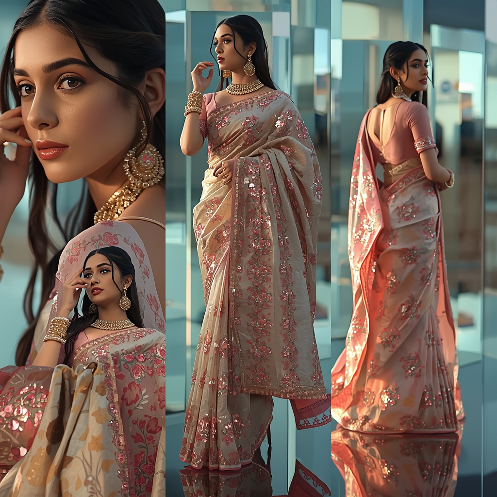 Mirror Light Reflection Festival Fancy Saree Photoshoot | Saree Prompt Generator