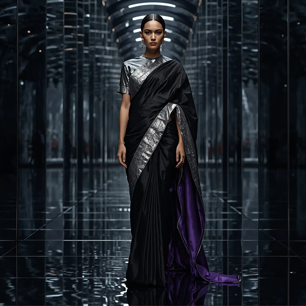 Mirror Void Gravity Saree with Infinite Reflection Collapse Hall | Cinematic Ai Prompt