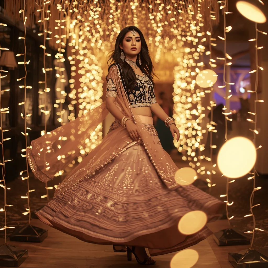 Modern Ethnic Lehenga Girl Twirling in Festive Lights – Viral Reels Style | Ai image Prompt