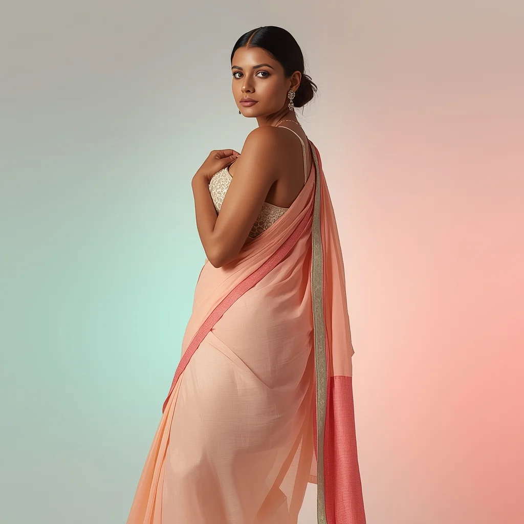 Modern Saree Girl Cross Turn Shoulder Look Pose | Photo Prompt