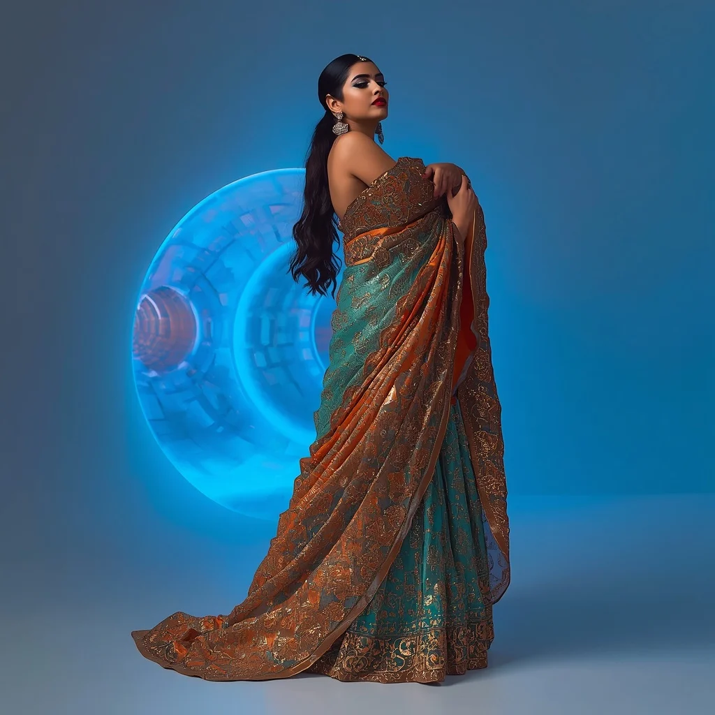 Molten Bronze and Neon Cyan Scale Saree with Cyber-Minimalist Tunnel | Viral Ai Image Prompt
