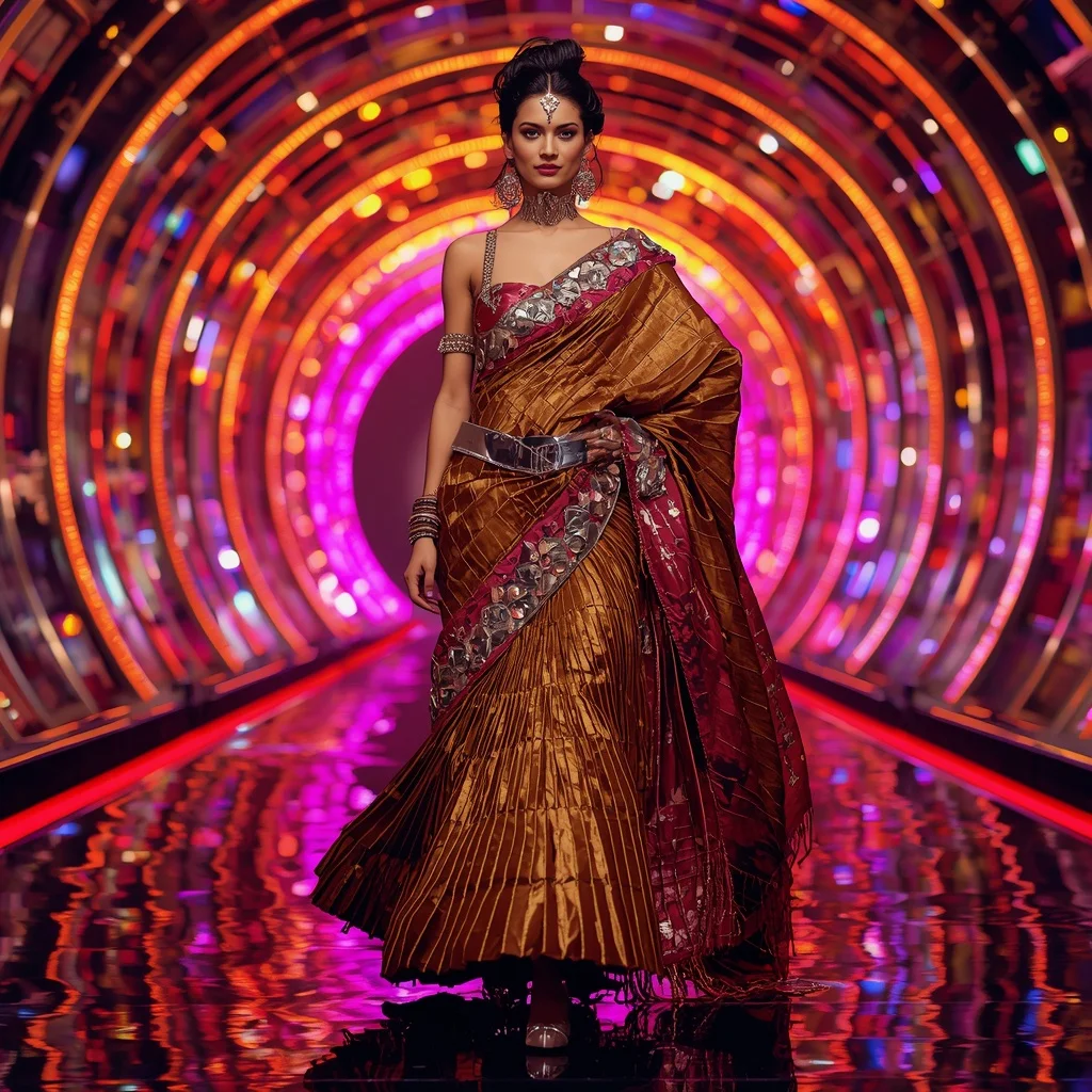 Molten Gold Aurora Eclipse Saree with Neon Spiral Reflection Orbit Infinity Pavilion | Woman Pose Ai Prompt