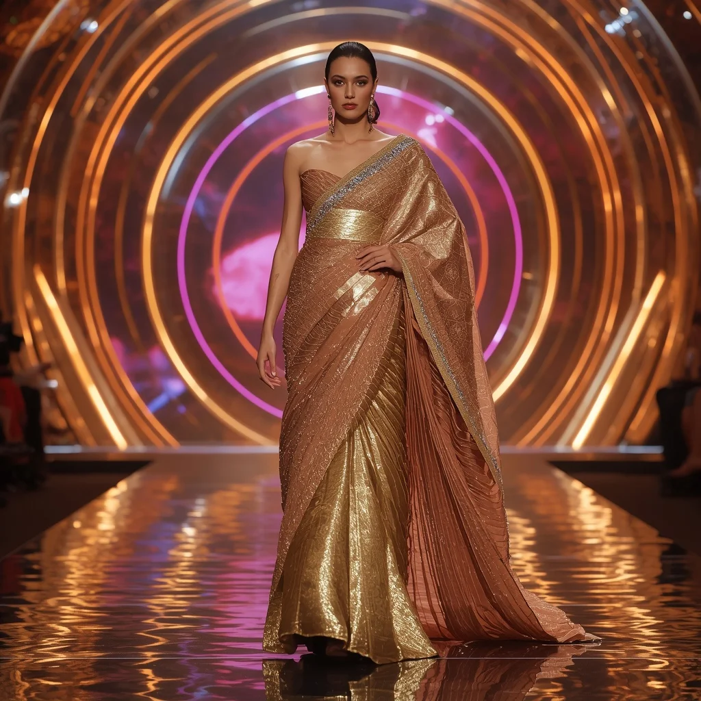 Molten Gold Aurora Symphony Saree with Neon Spiral Reflection Galaxy Infinity Dome | Trending Prompt Girls Traditional