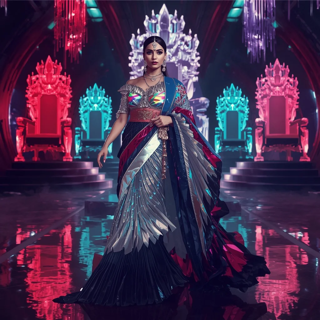 Molten Prism Empress Saree with Floating Neon Crystal Thrones | Attitude Girl Prompt