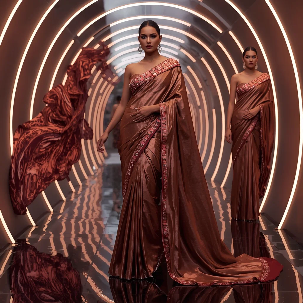 Molten Rose Couture Saree with Curved Neon Atrium | Grok Ai Prompt