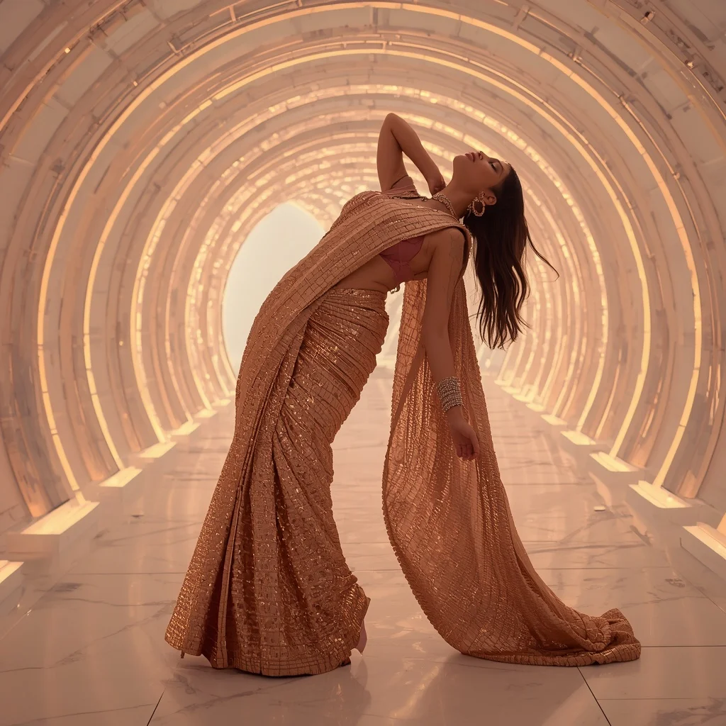 Molten Rose Gold Armor-Drape Saree with Infinity Prism Tunnel | New Instagram Trend Prompt For Girl And Boy