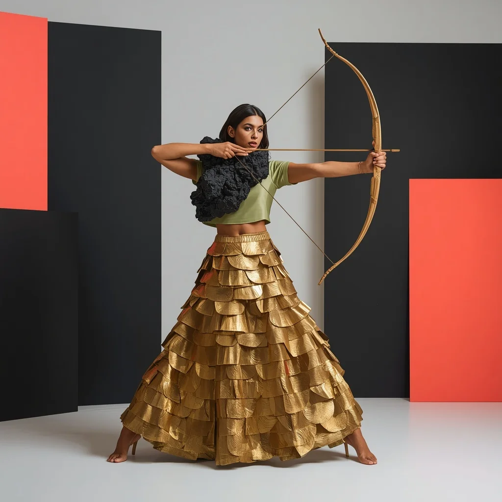 Molten Volcanic Basalt Crust & Thick Corrugated Brass Shingles Pastel Olive Saree | Warrior Bow Stance Pose | Prompt Ai For Girl Aesthetic
