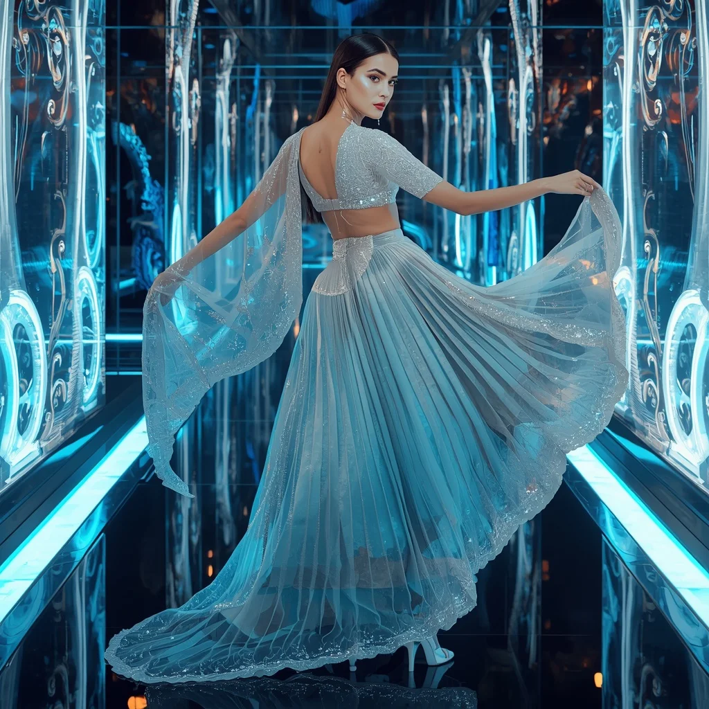 Moonlight Crystal Infinity Saree with Floating Neon Liquid Rivers | Instagram Reel Ai Prompt