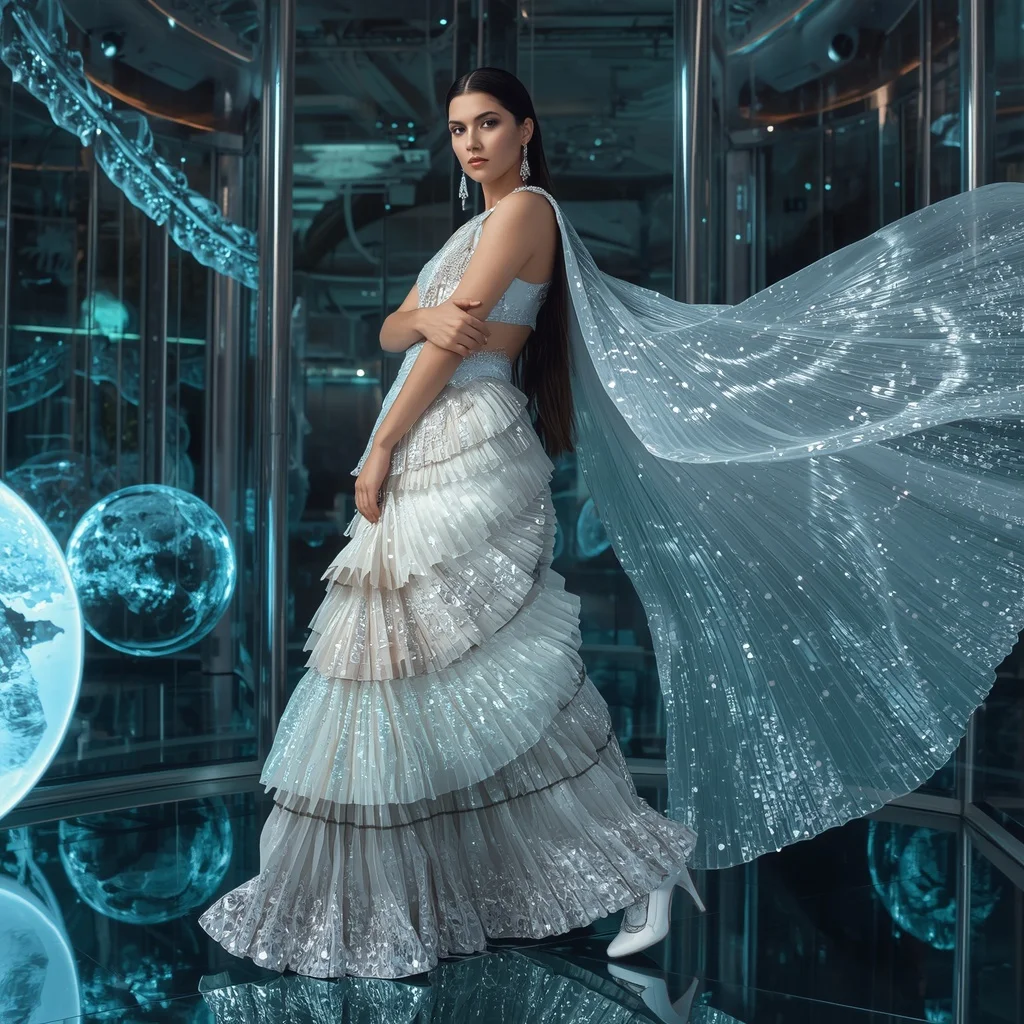 Moonlight Crystal Infinity Saree with Floating Neon Liquid Universes | Stable Diffusion Prompt