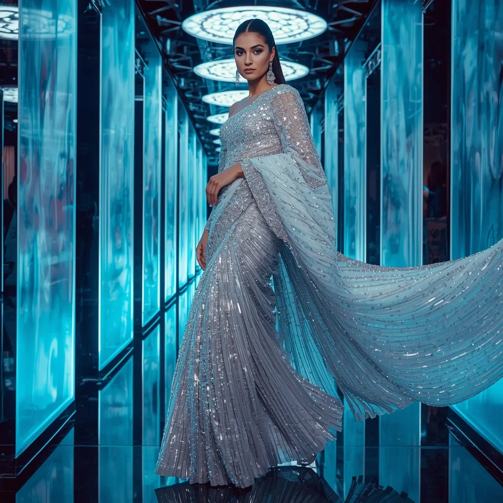 Moonlight Crystal Quantum Saree with Floating Neon Liquid Hallways | Happy Ai Prompt