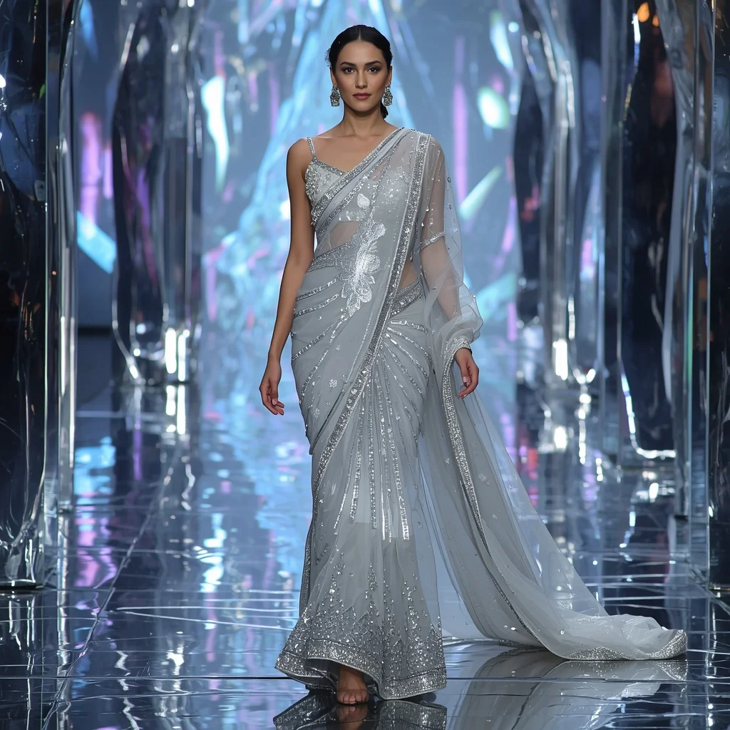 Moonstone Crystal Inferno Saree with Floating Neon Reflection Nexus | Prompt Ai For Girl Instagram
