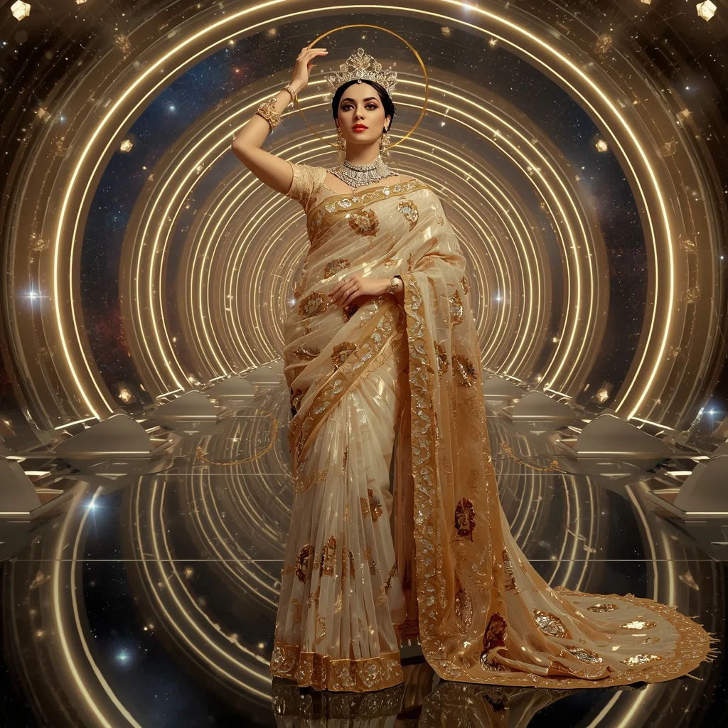 Moonstone Gold Celestia Hyperqueen Saree with Stellar Halo Ribbon Monarch Infinity | Snapchat Aesthetic Ai Prompt