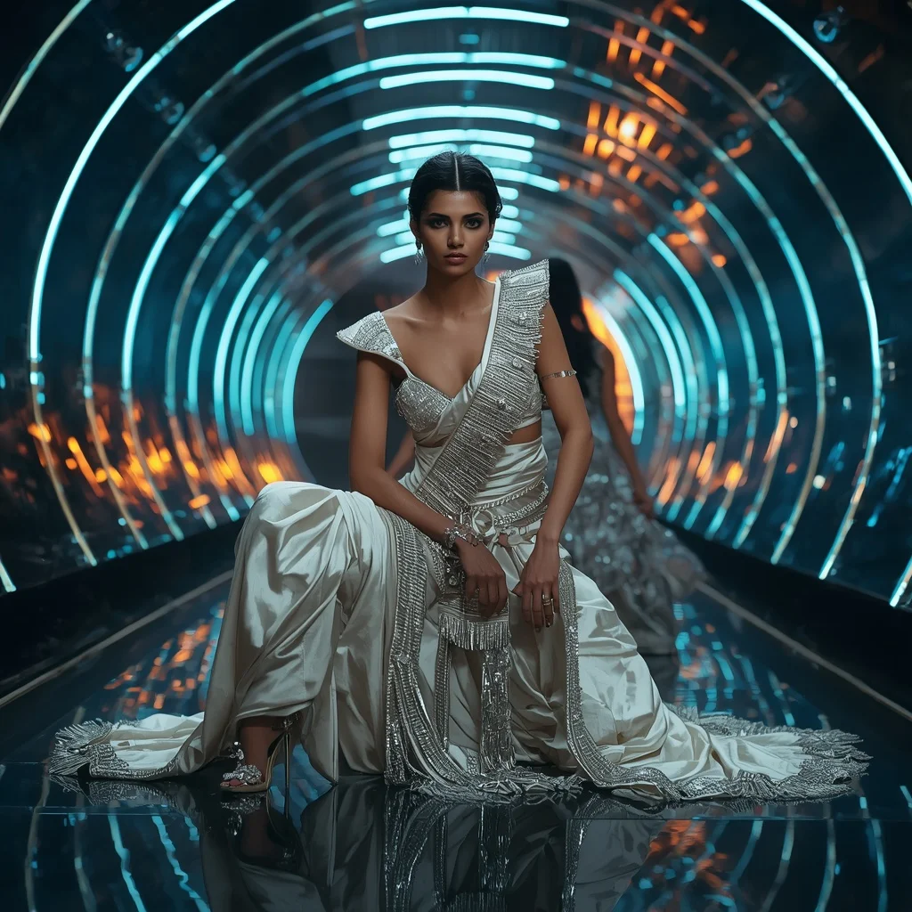 Moonstone Inferno Mirage Saree with Floating Laser Reflection Tunnel | Face Ai Prompt