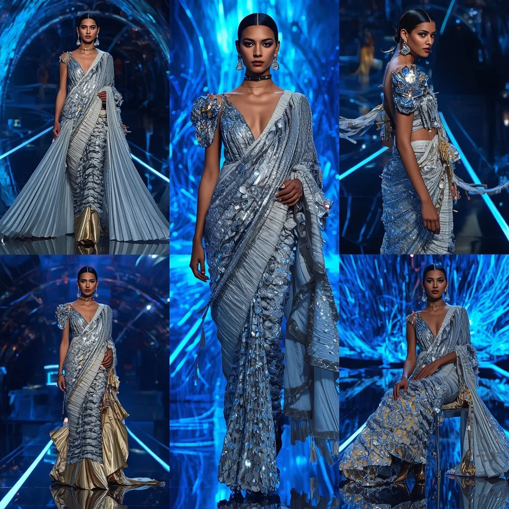Moonstone Tiger Royale Saree with Floating Infinity Neon Crystal Arena | Festive Prompt